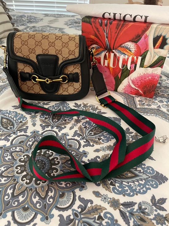 Gucci Handbags - Gucci Beige GG Canvas Crossbody with Black Leather & Signature Green-Red Strap